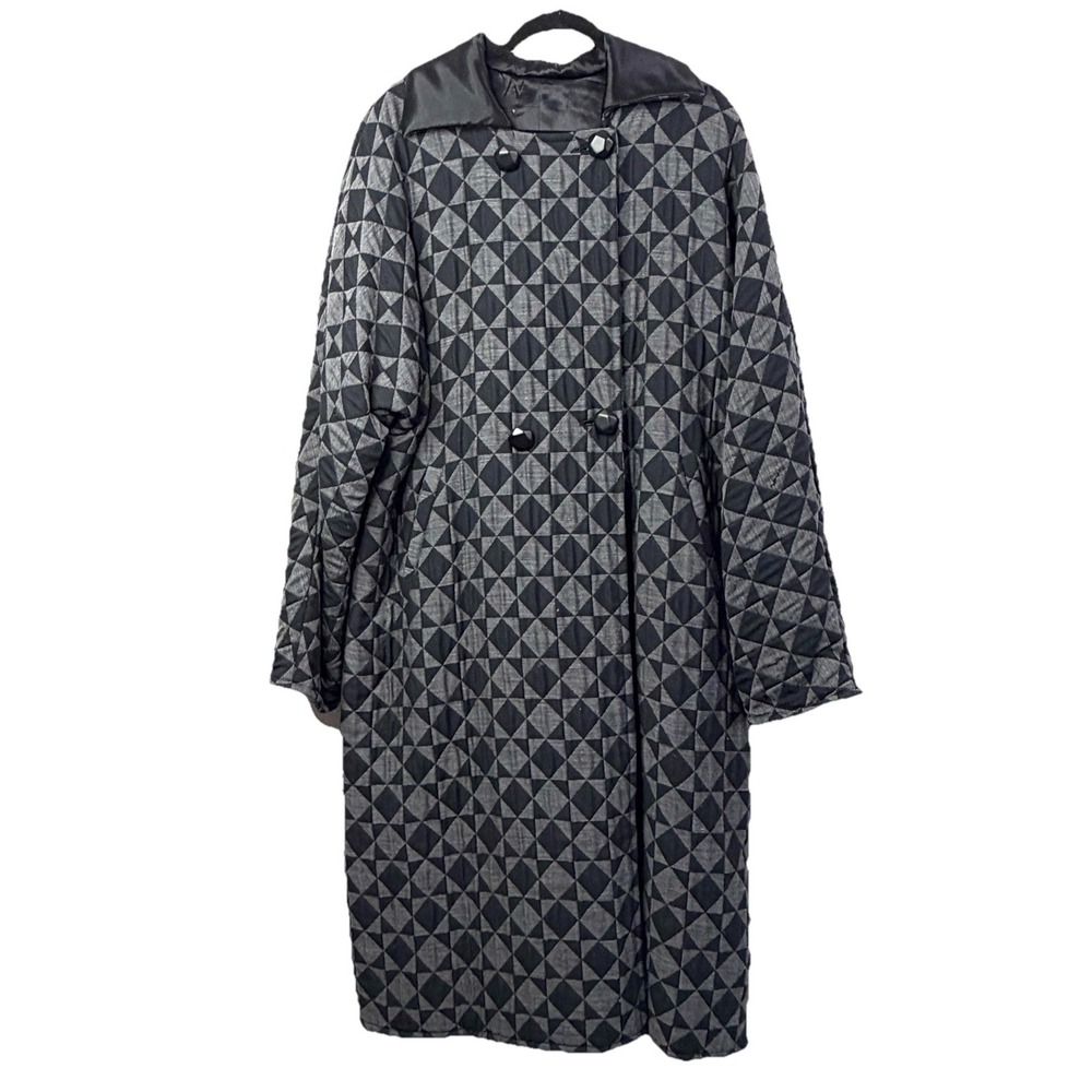 Vintage‎ Quilted Long Wool Coat 2X/3X Made In Italy Black Gray Tumbling Block - Picture 2 of 16